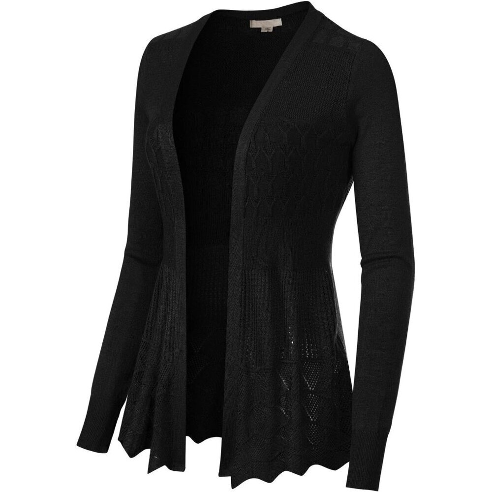 Women's Long Sleeve Crochet Knit Draped Open Cardigan Large Black - Picture 5 of 7